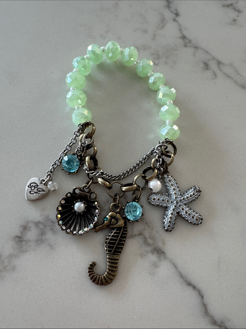 Betsey Johnson Mint Green Beaded Charm Bracelet with Seahorse & Starfish